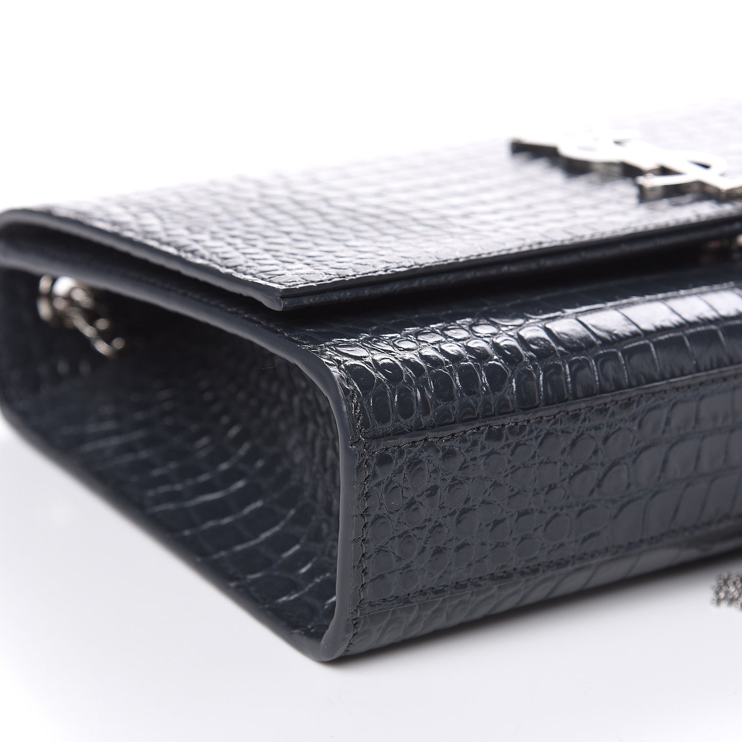 Calfskin Crocodile Embossed Medium Classic Monogram Kate Tassel Satchel Storm