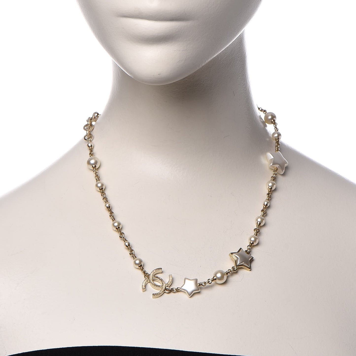 Metal Resin Pearl Star CC Necklace Gold