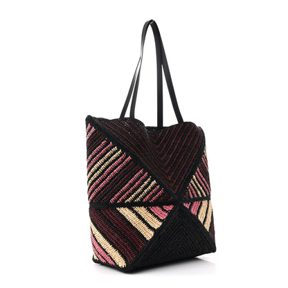 Loewe Raffia Calfskin Paula's Ibiza Medium Puzzle Fold Tote Pink Burgundy 3 of 10