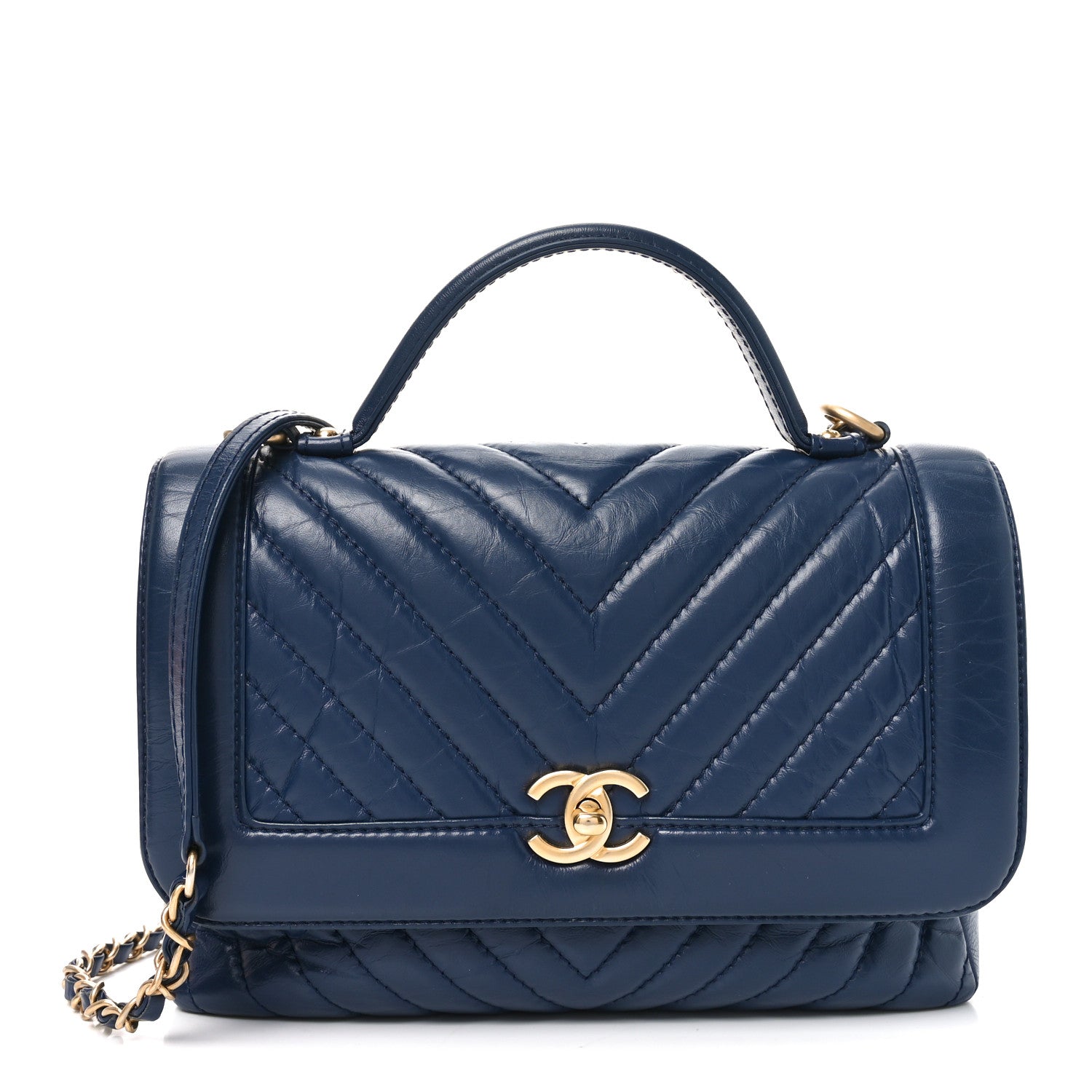 Chanel Calfskin Chevron Quilted Top Handle Flap Navy 1 of 10