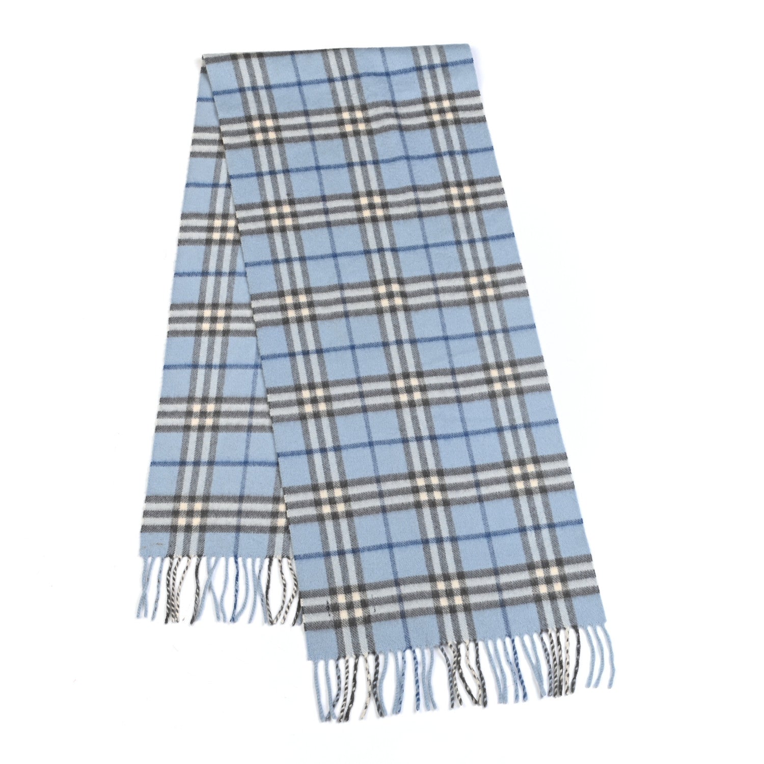 Burberry Wool Cashmere House Check Striped Fringe Scarf Blue Grey 2 of 4
