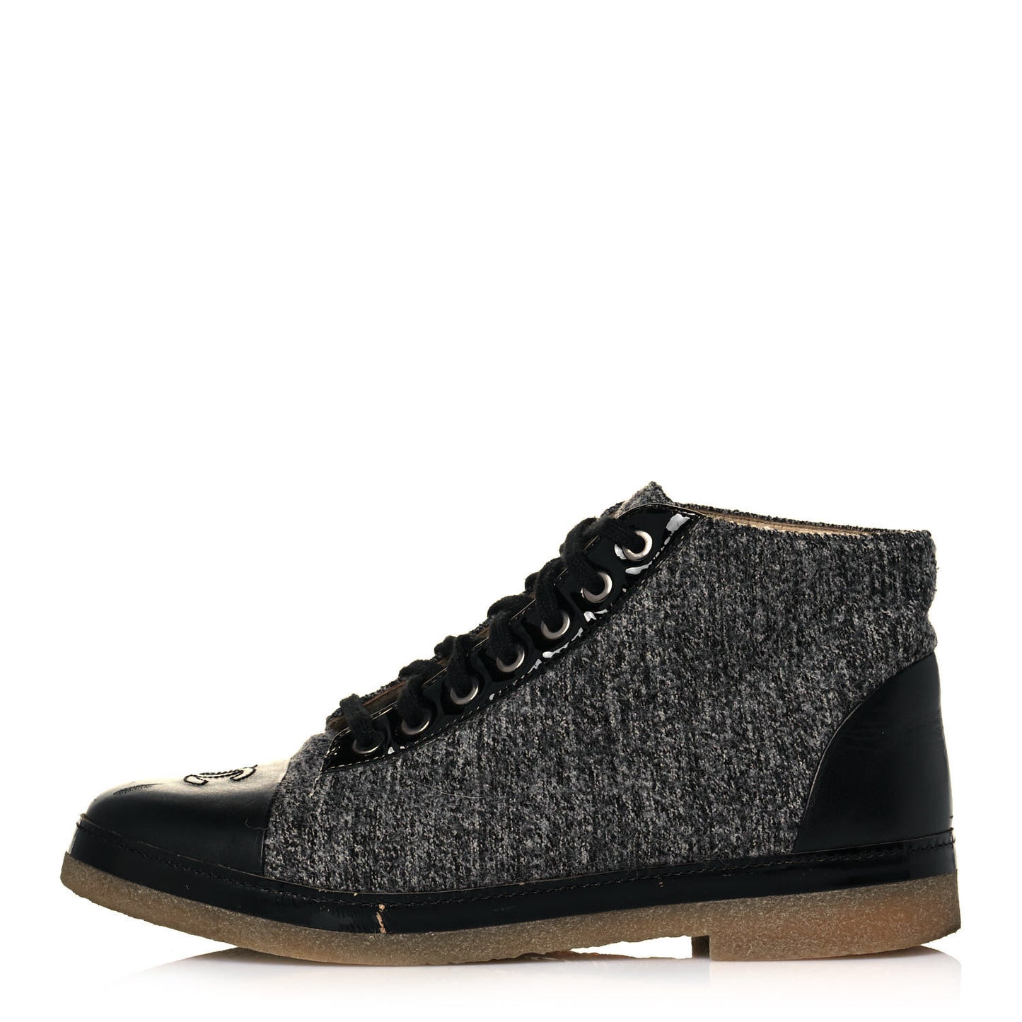 Tweed Calfskin CC Lace Up Short Boots 39 Grey
