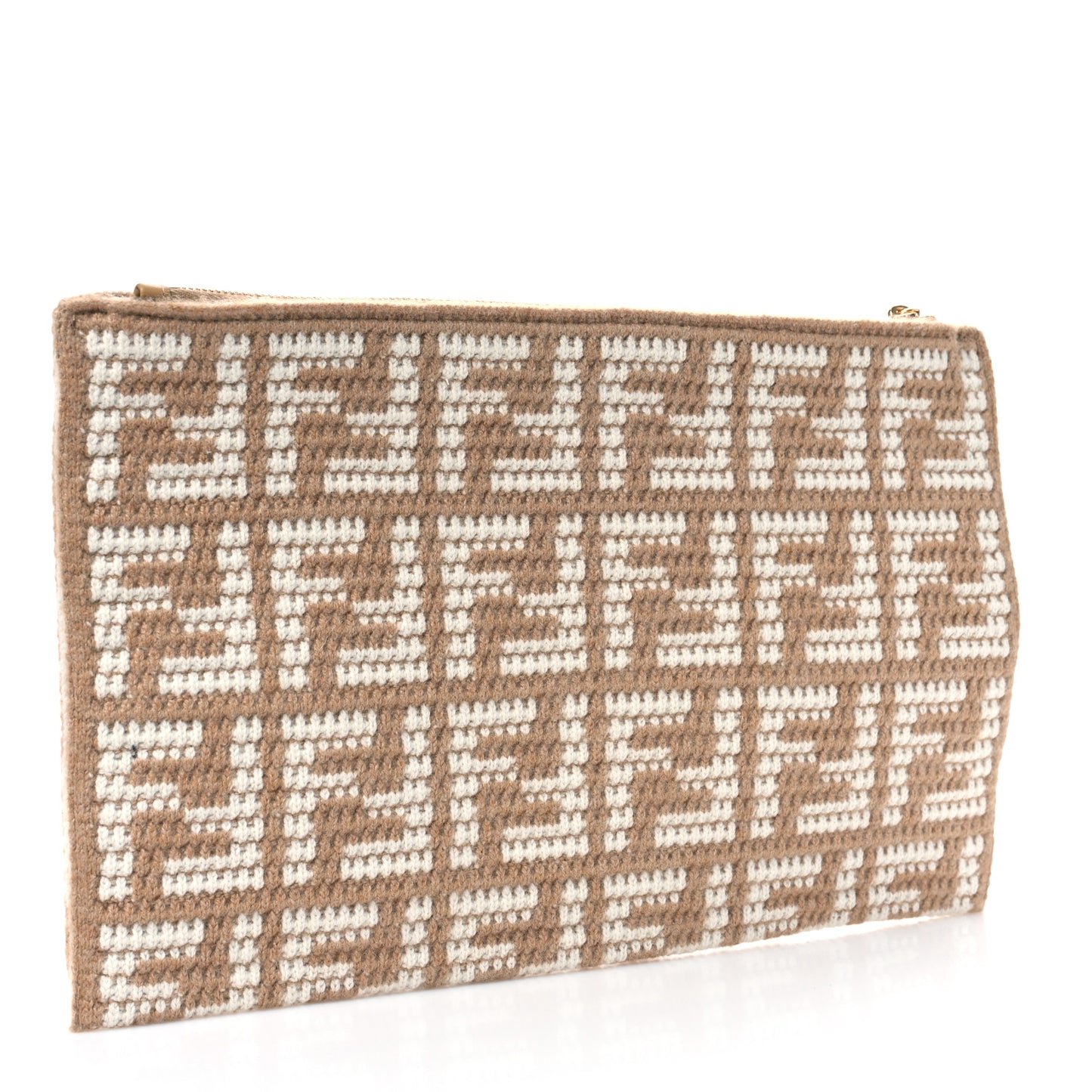 Fabric Calfskin FF Woven Large Flat Pouch Cammello