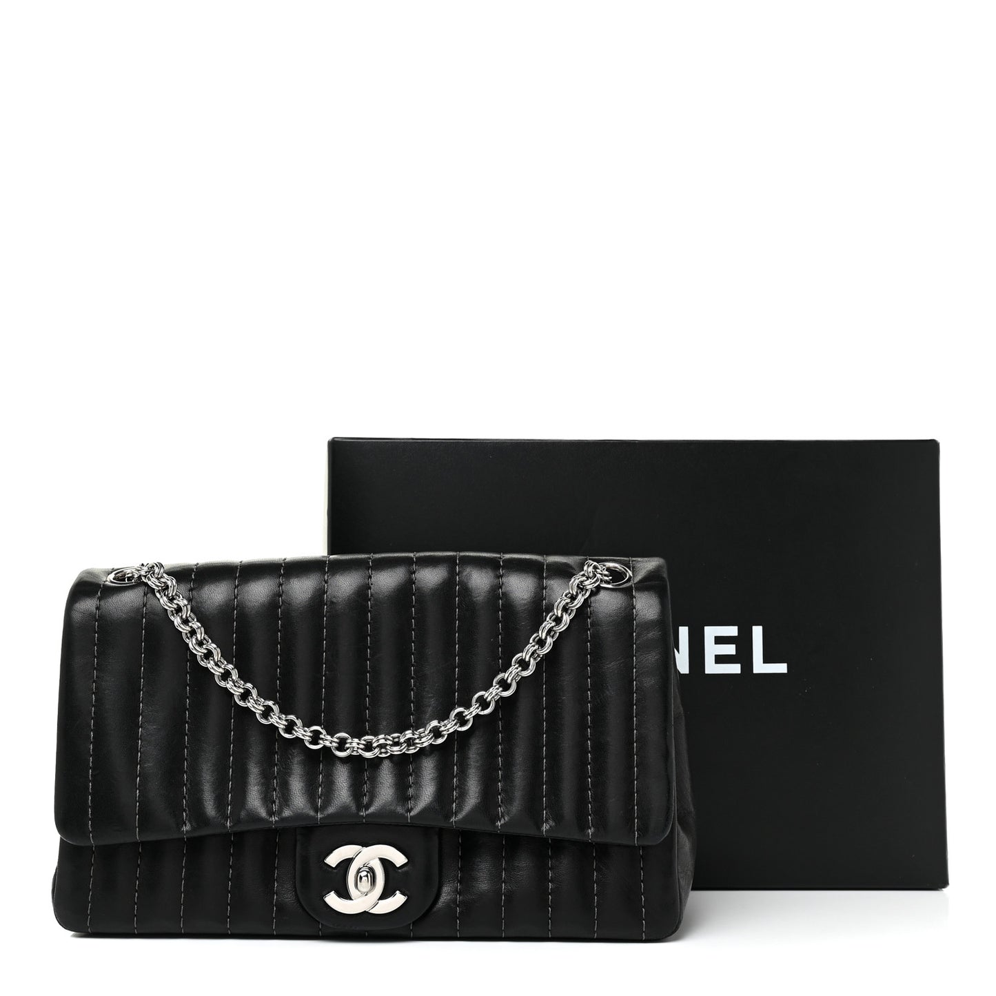 Lambskin Vertical Quilted Medium Single Flap Black