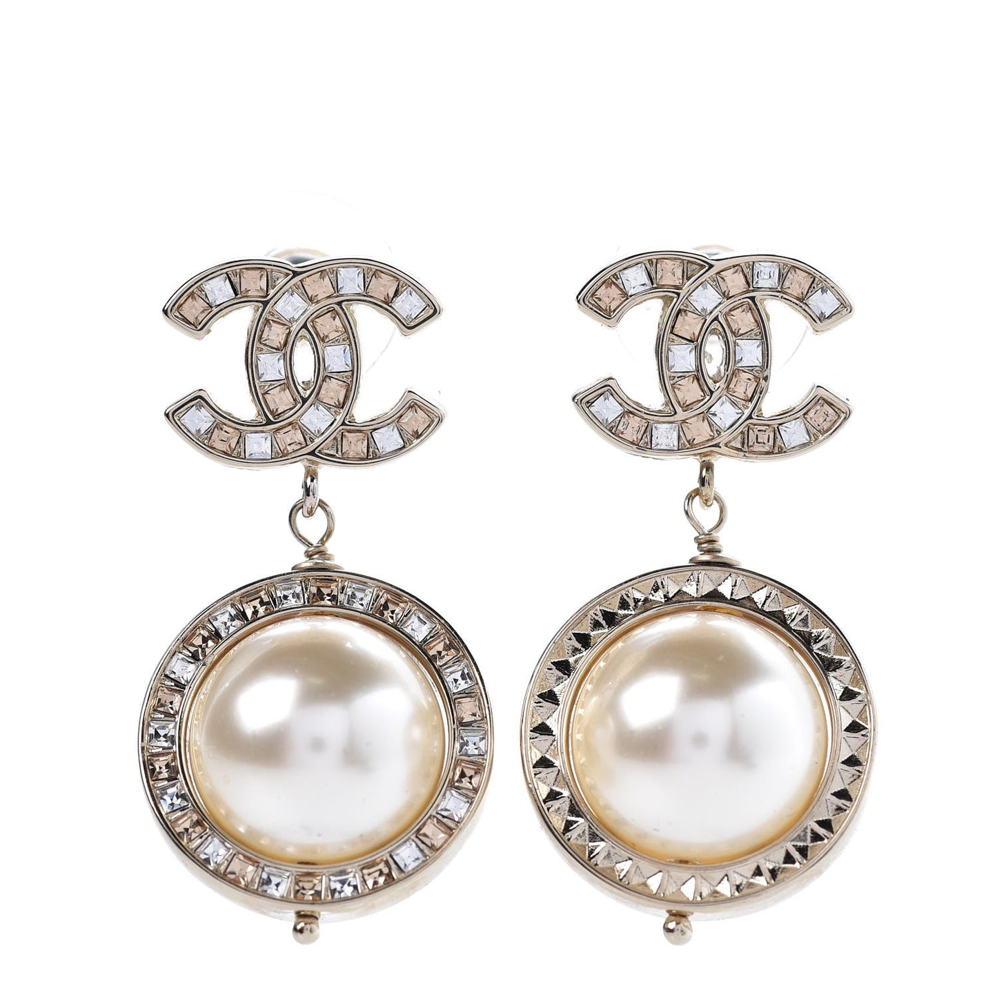 Baguette Crystal CC Pearl Drop Art Decoco Earrings Light Gold
