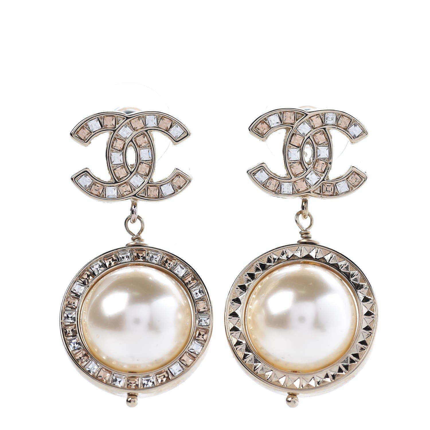 Chanel Baguette Crystal CC Pearl Drop Art Decoco Earrings Light Gold 1 of 4
