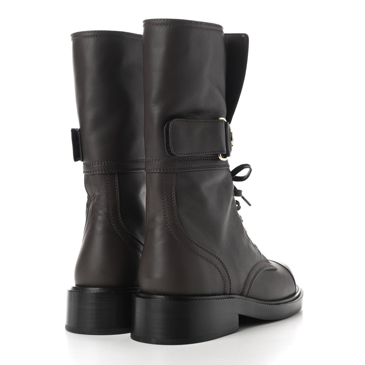 Shiny Calfskin Lace Up Combat Boots 35 Dark Brown Black