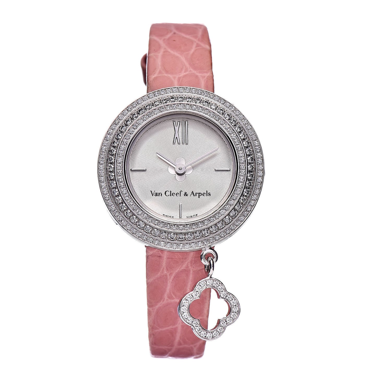 18K White Gold Alligator Diamond Pave Bezel 25mm Charms Quartz Watch