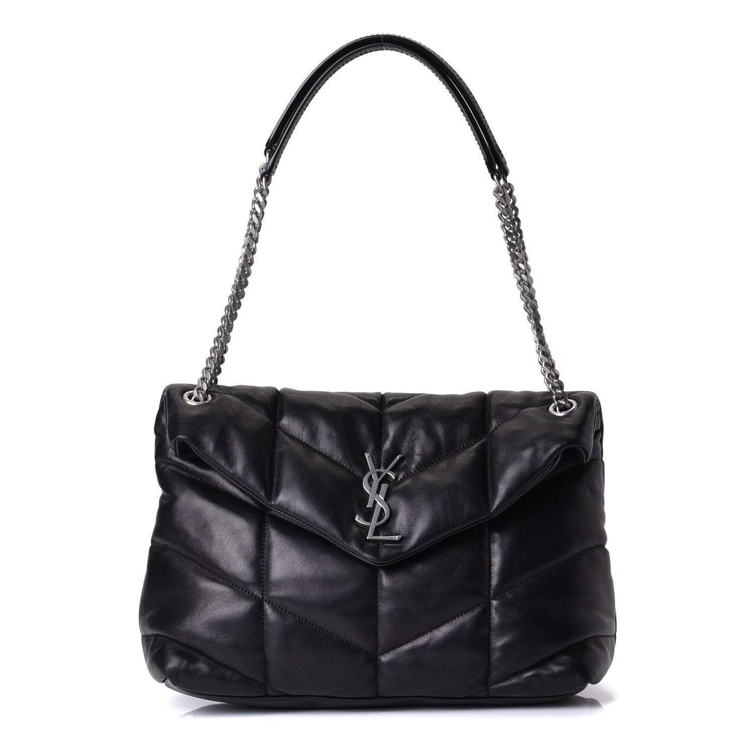 Saint Laurent Lambskin Quilted Medium Loulou Puffer Monogram Chain Satchel Black 1 of 5