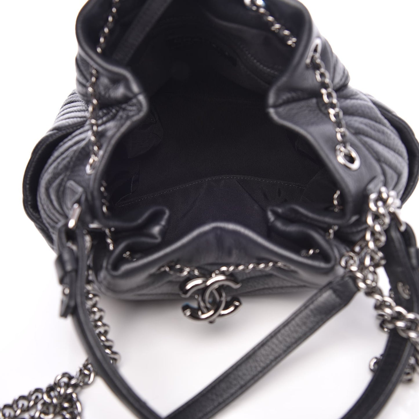 Deerskin Chevron Small CC Chain Bucket Bag Black
