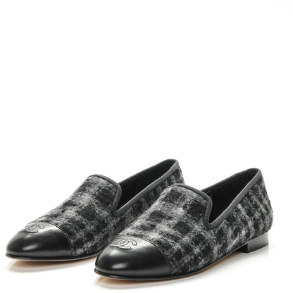 Chanel Tweed Lambskin Cap Toe Loafers 38 Blue Grey Black 2 of 11