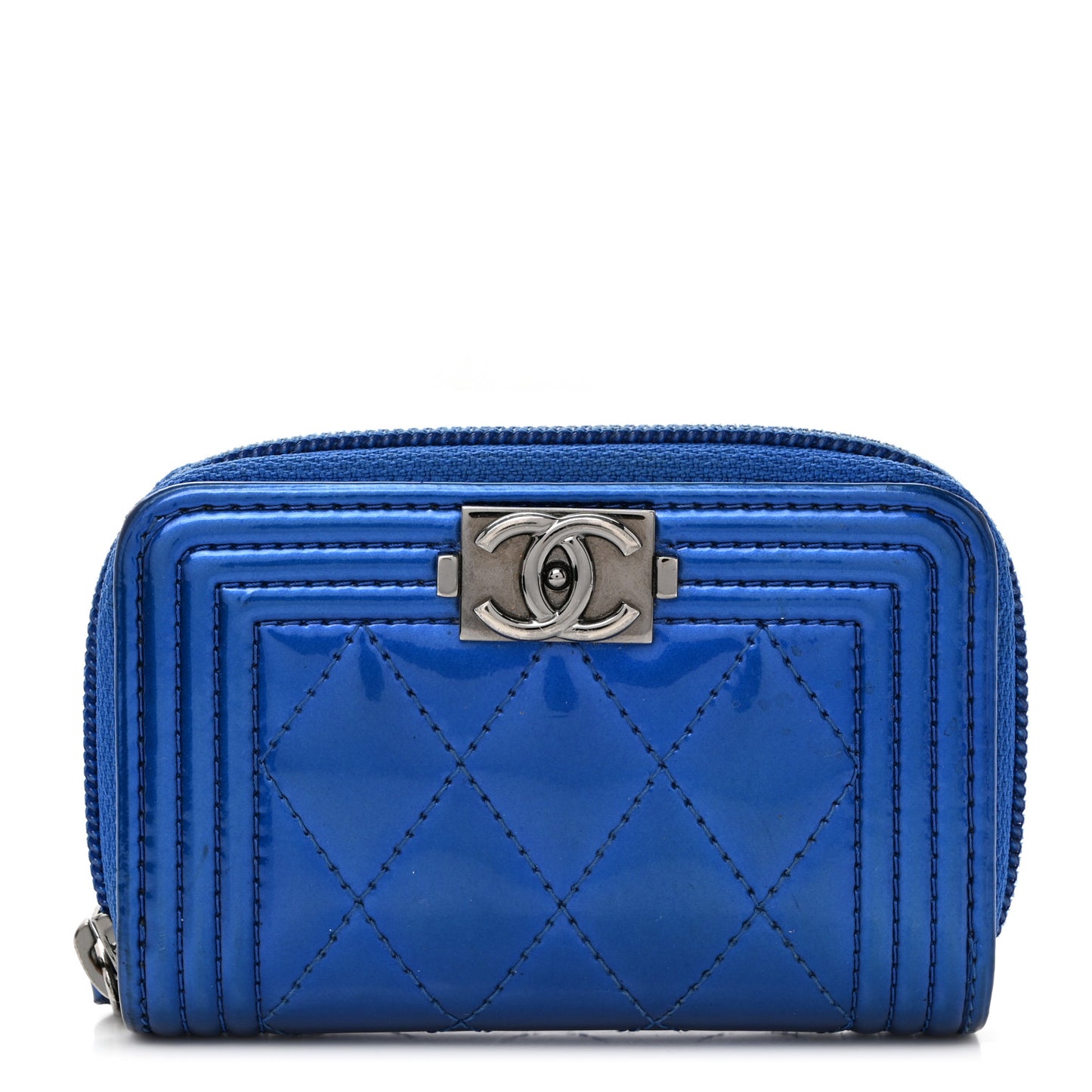 Metallic Patent Quilted Zip Around Boy Coin Purse Wallet Blue