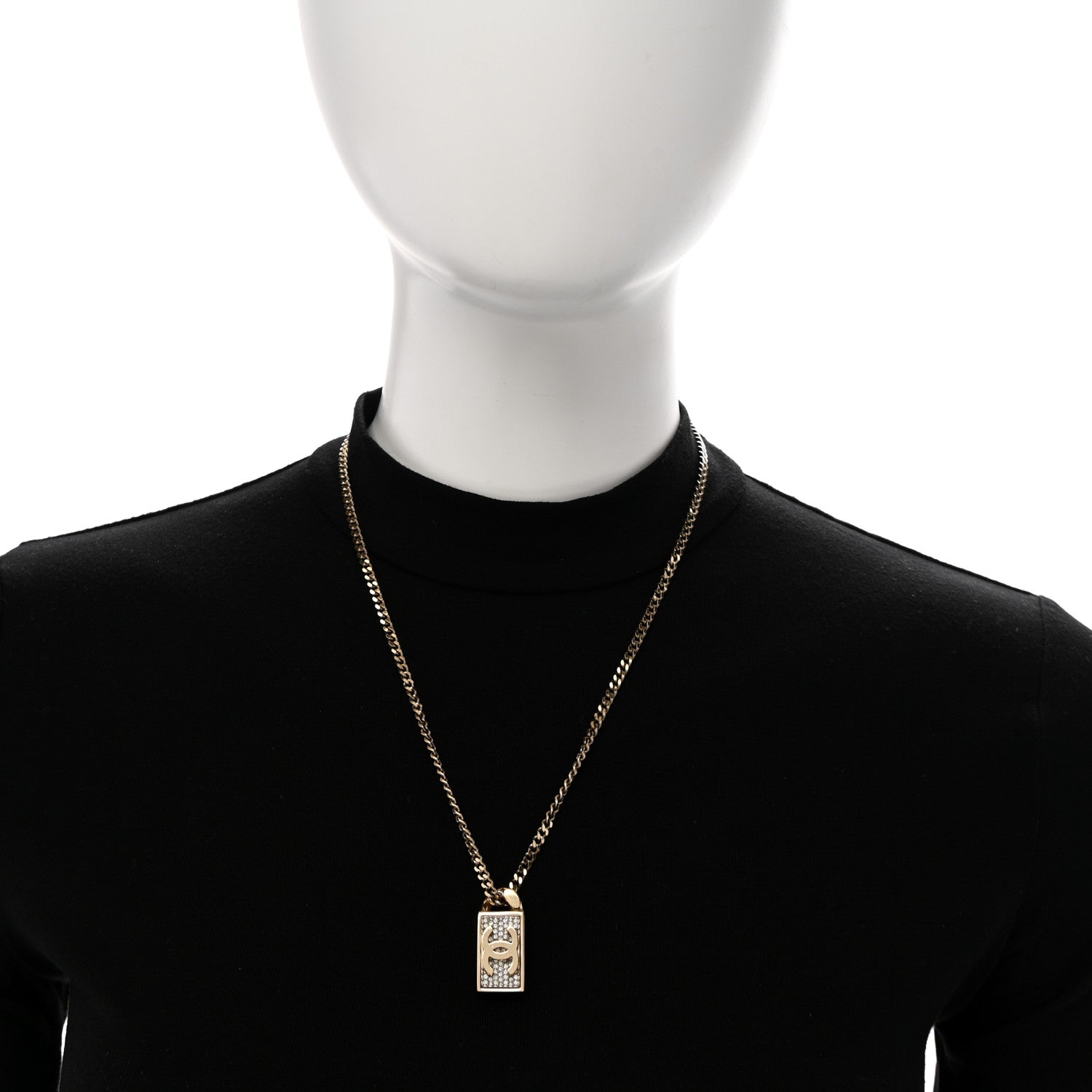 Chanel Crystal Dog Tag Charm Necklace Gold 2 of 7