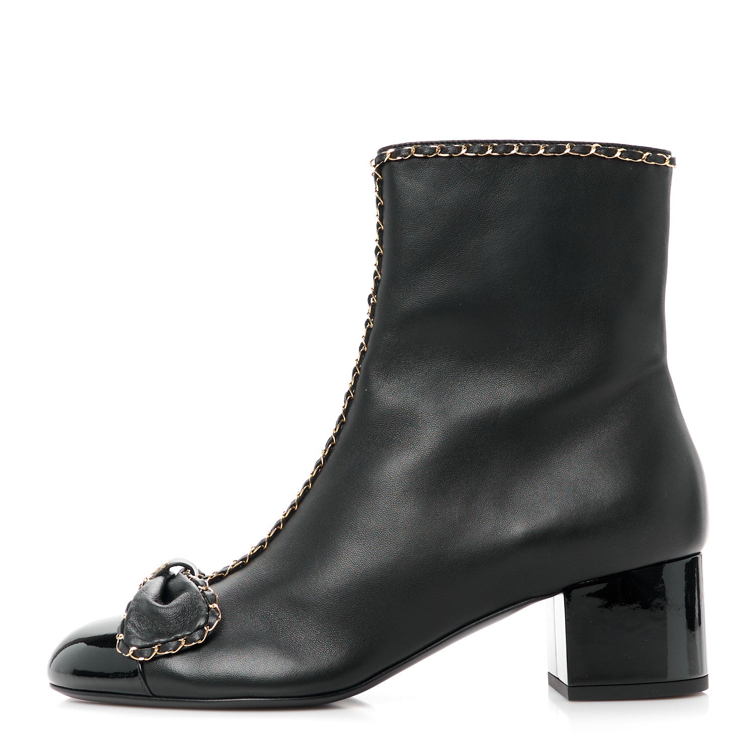 Chanel Lambskin Patent Cap Toe Chain Bow CC Short Boots 39 Black 1 of 9
