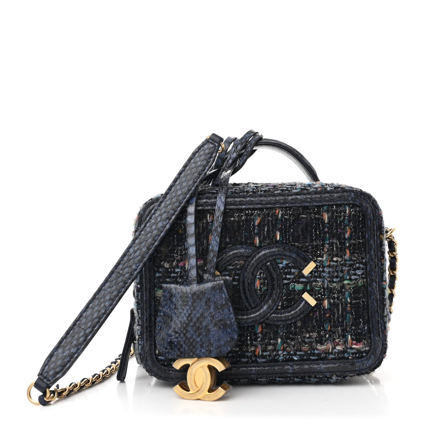 Tweed Snakeskin Quilted Small CC Filigree Vanity Case Navy Multicolor
