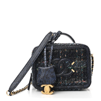 Chanel Tweed Snakeskin Quilted Small CC Filigree Vanity Case Navy Multicolor 1 of 12