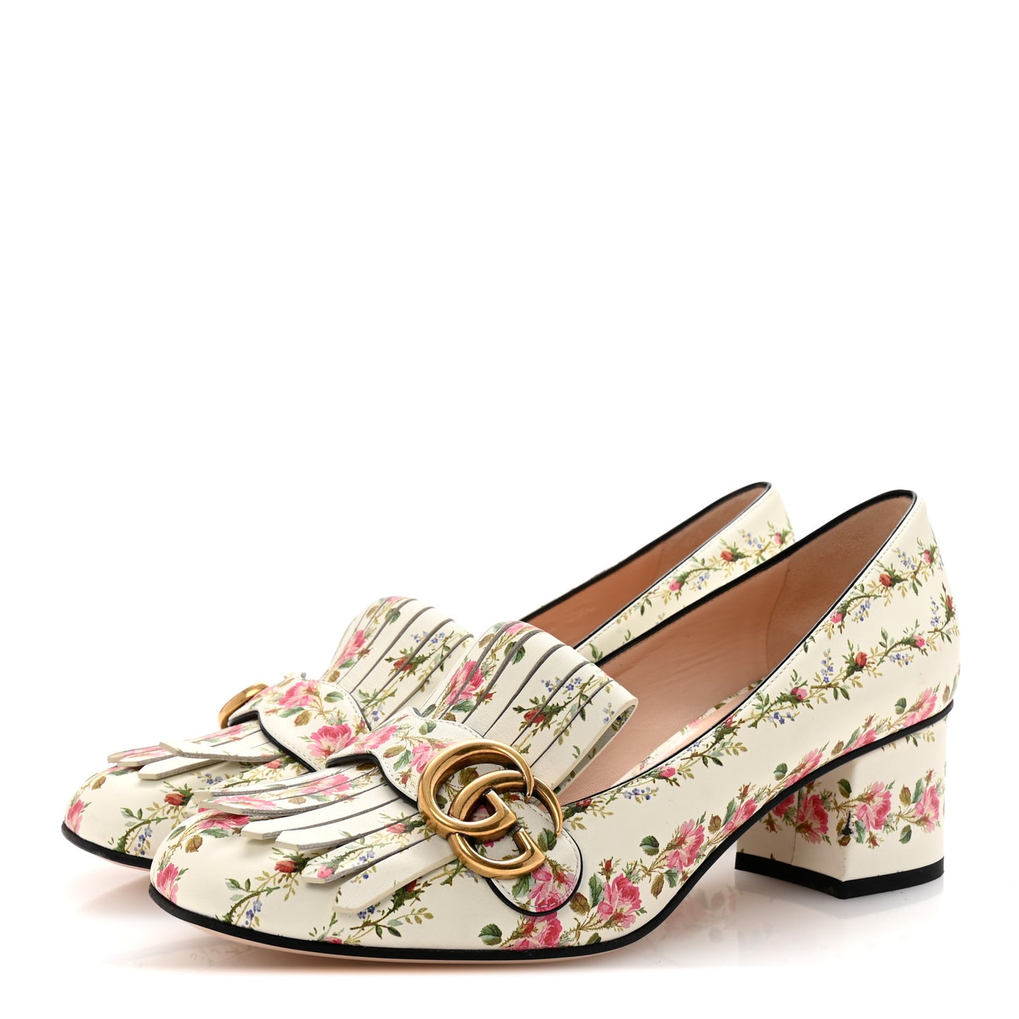 Calfskin Rose Print GG Marmont Fringe 50mm Loafer Pumps 39.5 Ivory Multicolor