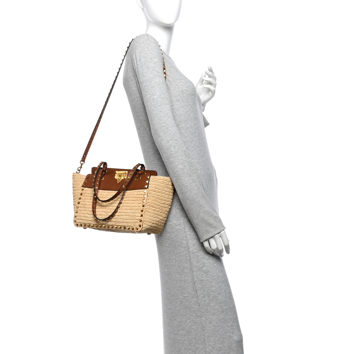 Valentino Garavani Raffia Calfskin Small Rockstud Tote Naturale Saddle Brown 2 of 9