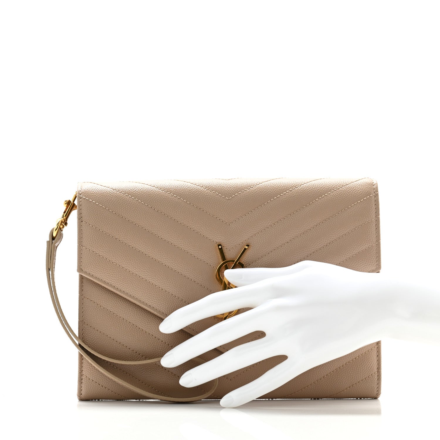 Saint Laurent Grain De Poudre Matelasse Chevron Monogram Envelope Clutch Dark Beige 2 of 8