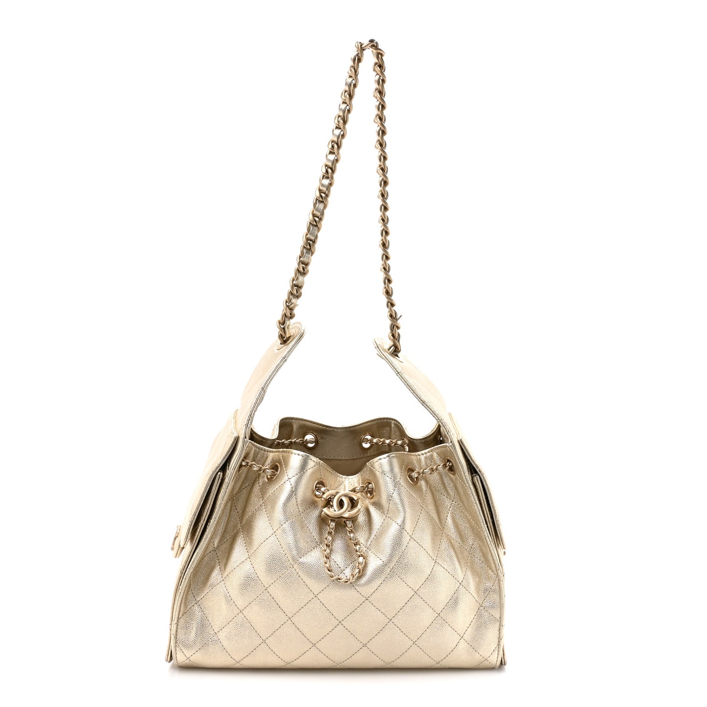 Metallic Caviar Quilted Small Chanel 25 Handbag Gold
