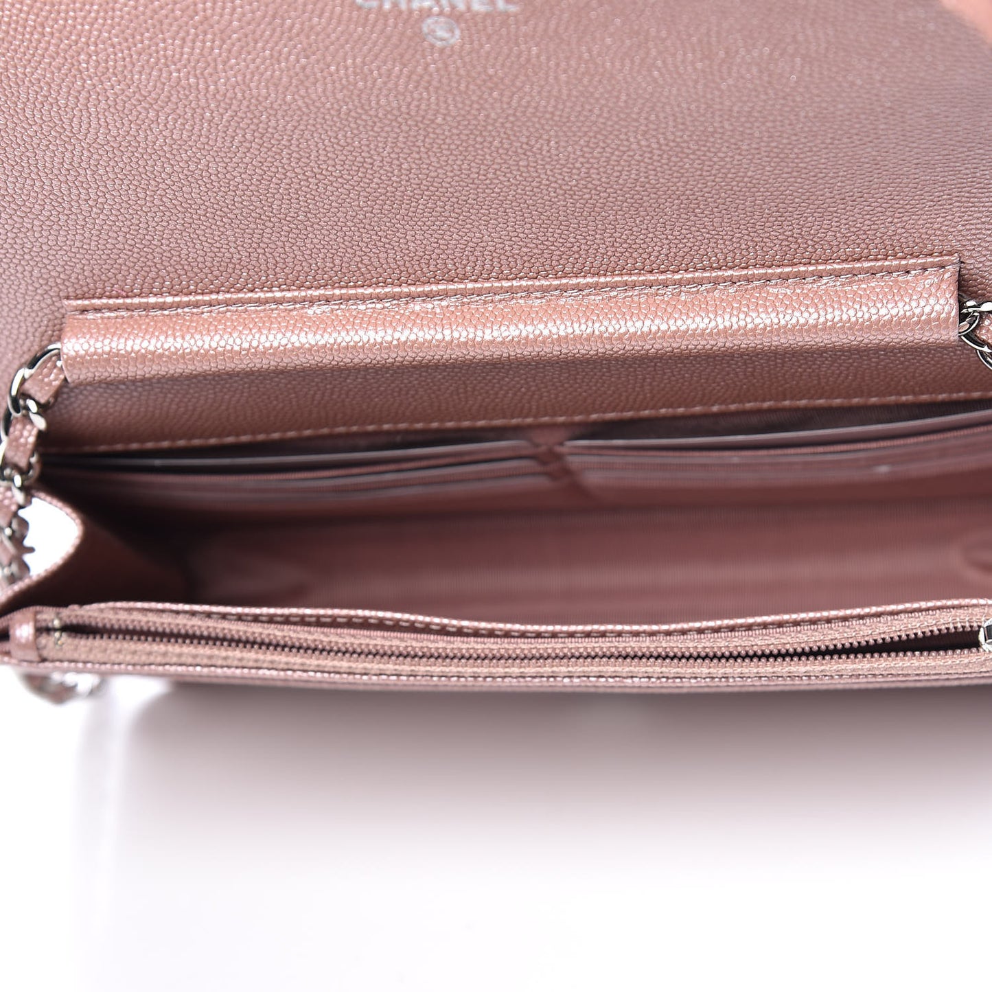 Metallic Caviar Chevron Quilted Vintage Mademoiselle Wallet On Chain WOC Pink