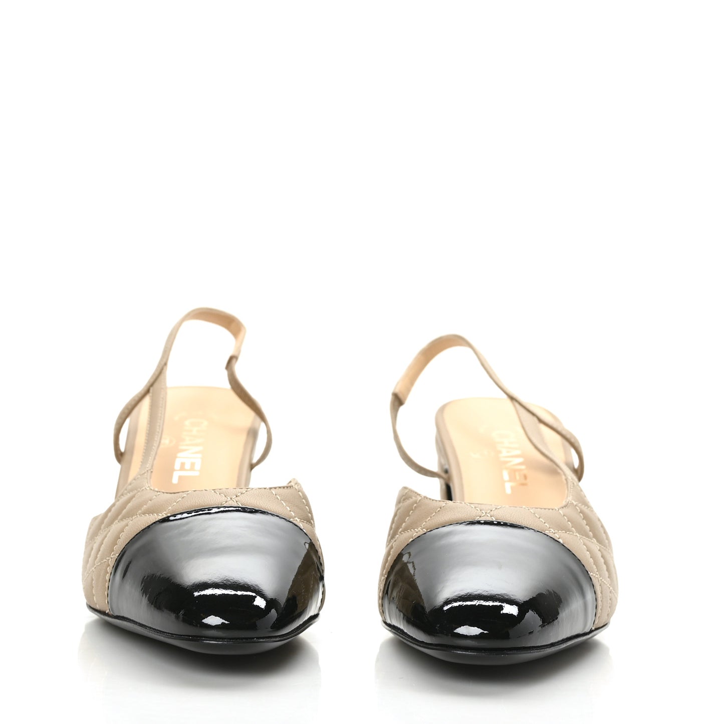 Lambskin Patent Calfskin Quilted Cap Toe CC Slingback Pumps 40 Beige Black