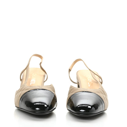 Chanel Lambskin Patent Calfskin Quilted Cap Toe CC Slingback Pumps 40 Beige Black 2 of 9