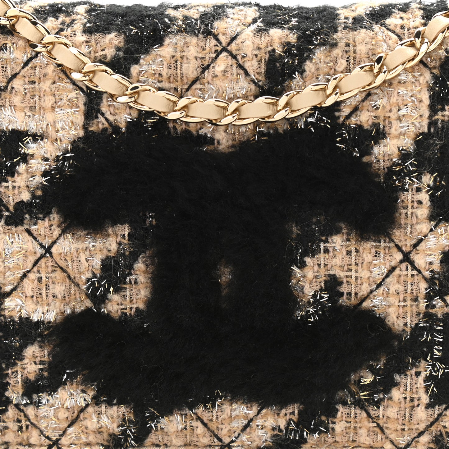 Tweed Shearling Quilted Chanel Wallet On Chain WOC Beige Black