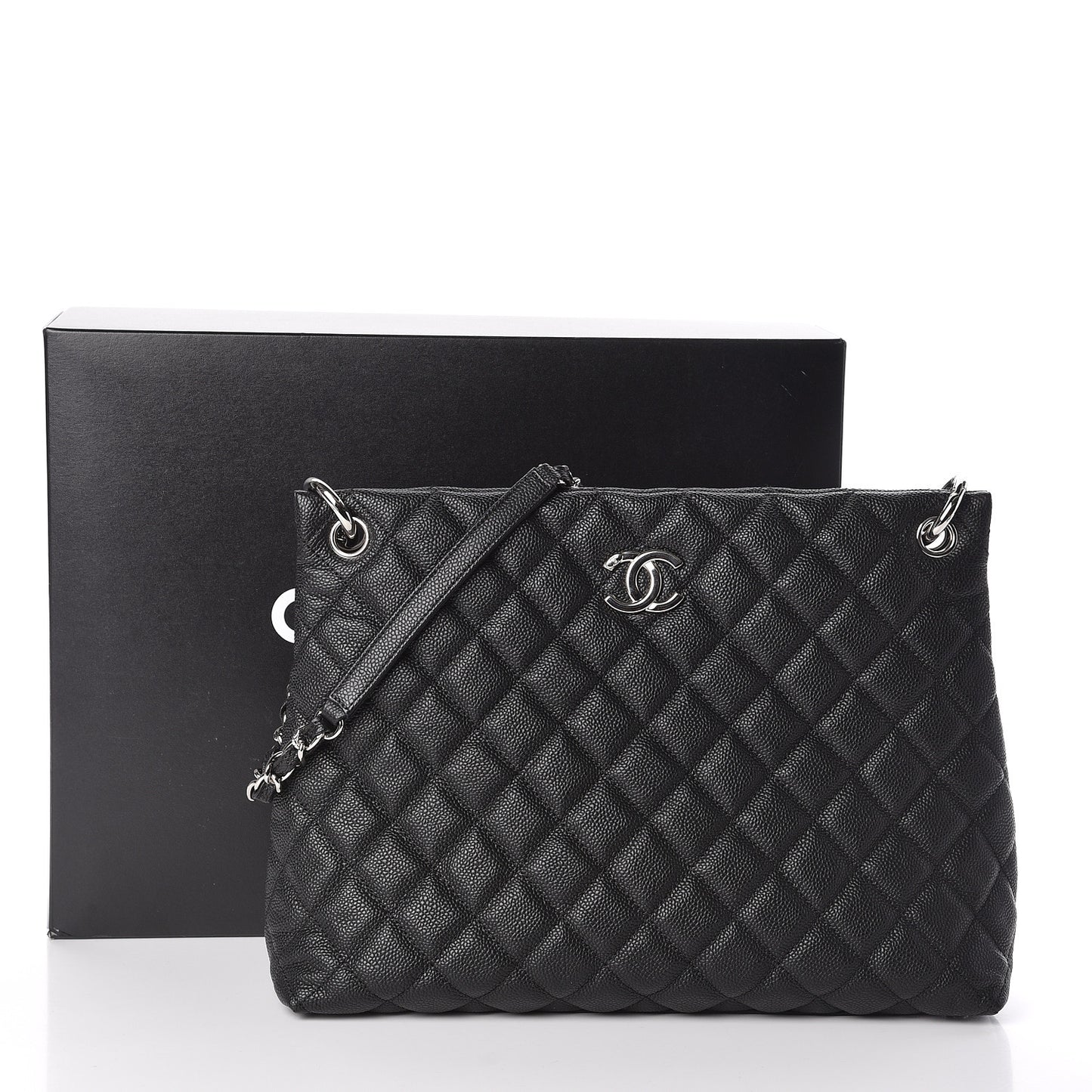 Caviar Quilted Large CC Shopping Tote Black