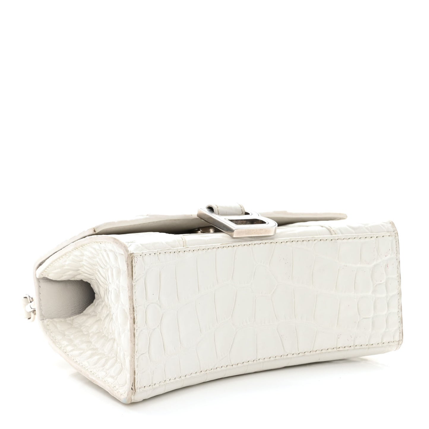 Shiny Calfskin Crocodile Embossed Hourglass Top Handle Bag XS White