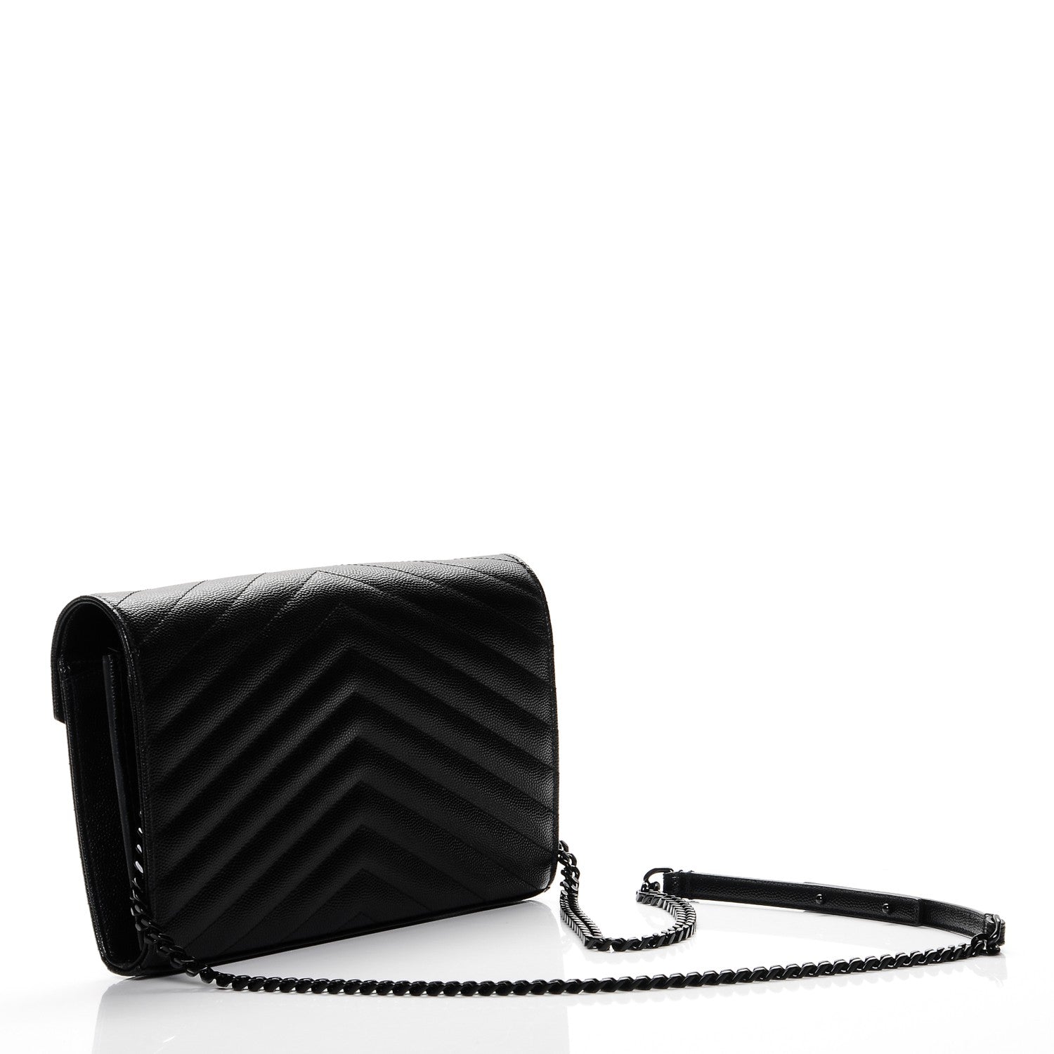 Saint Laurent Grain De Poudre Matelasse Chevron Monogram Chain Wallet Black 3 of 7