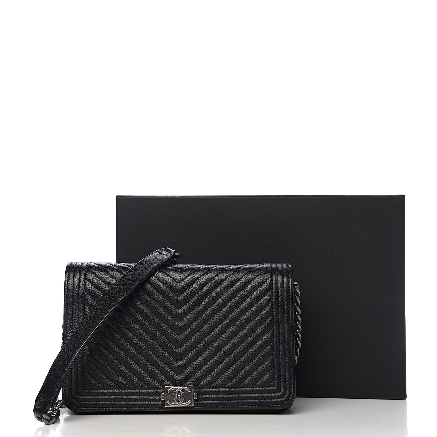 Grained Calfskin Chevron Quilted Boy Wallet On Chain WOC Black