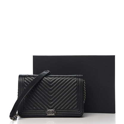 Chanel Grained Calfskin Chevron Quilted Boy Wallet On Chain WOC Black 14 of 14