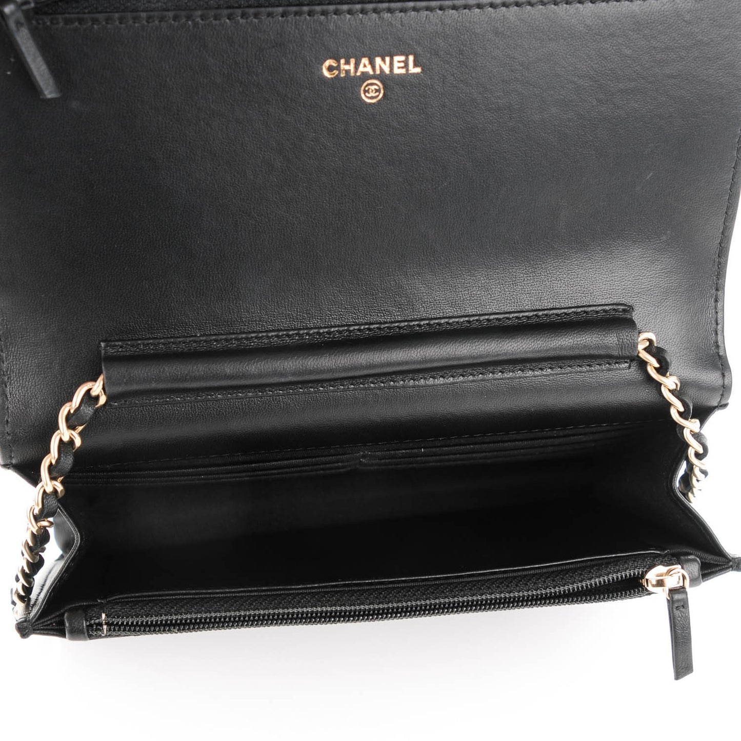 Lambskin Camellia Embossed Wallet On Chain WOC Black Gold