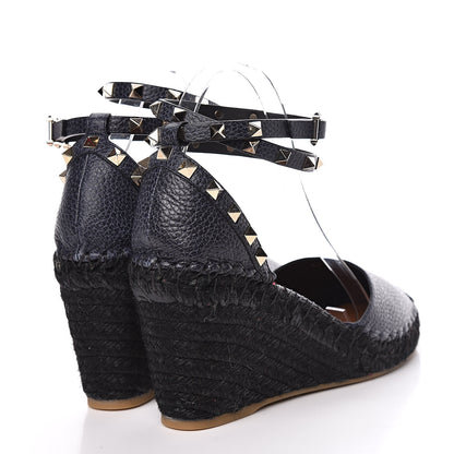 Valentino Garavani Grained Calfskin Rockstud Ankle Wrap Espadrille 15/85mm Wedges 41 Deep Denim 4 of 10