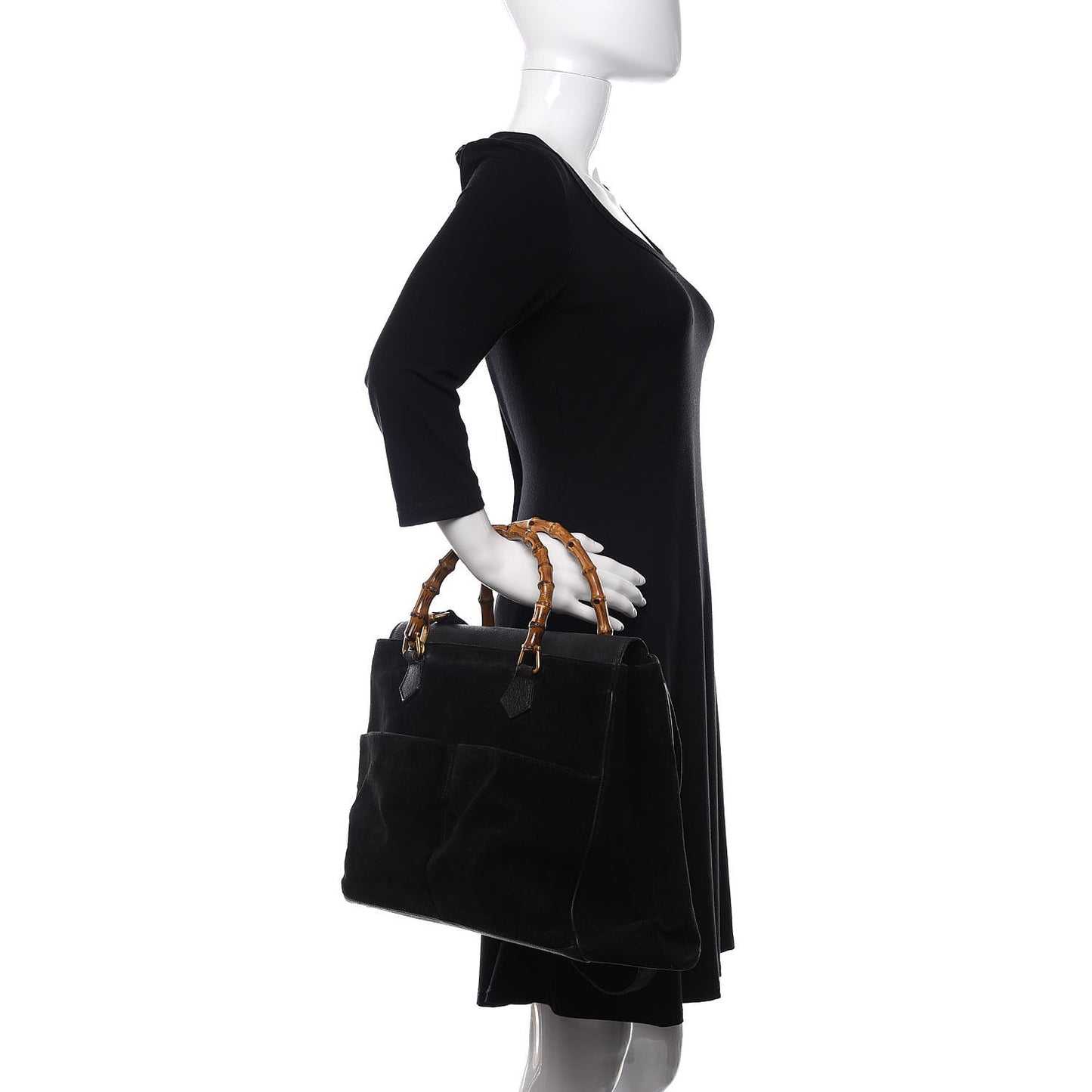 Suede Bamboo Top Handle Bag Black