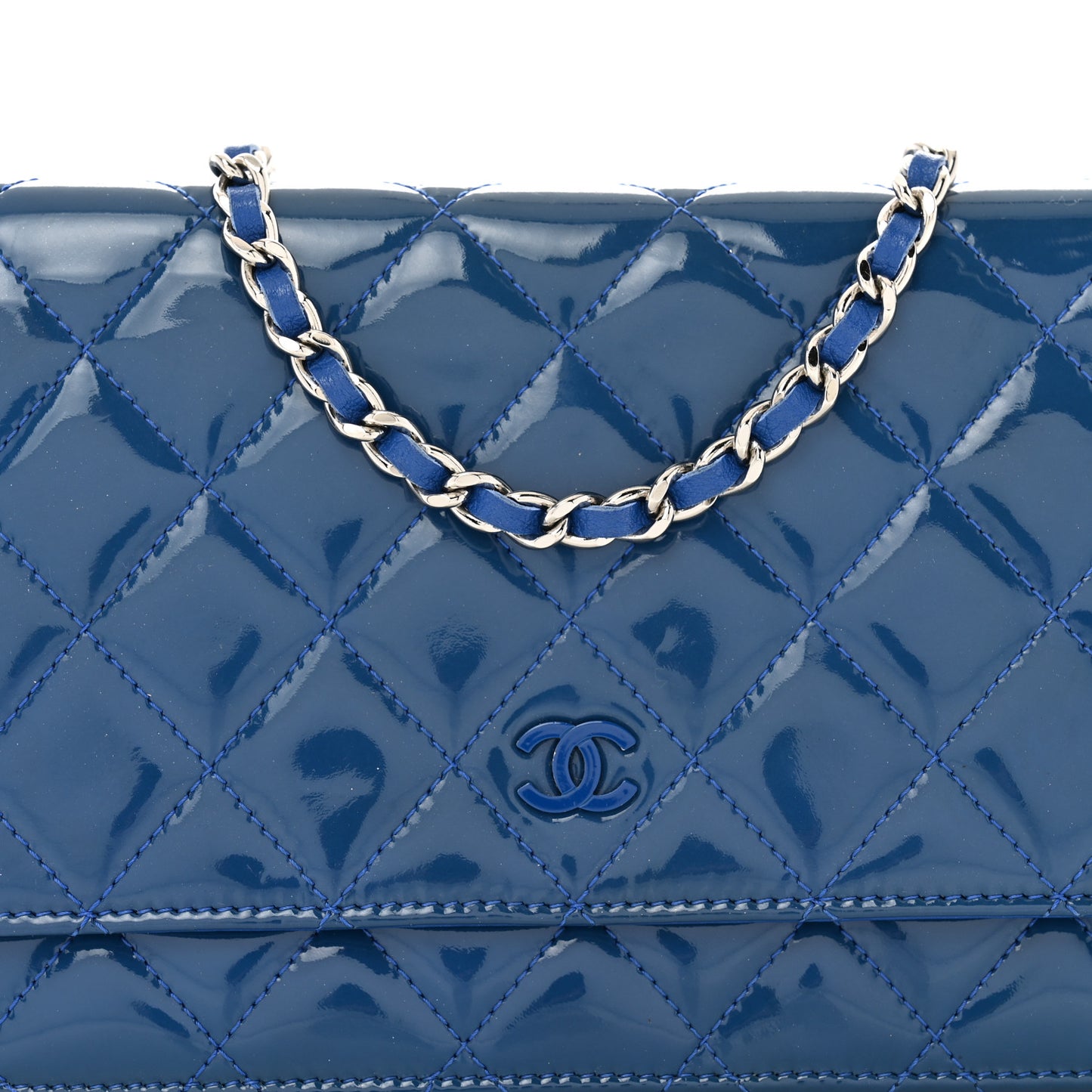 Patent Quilted Wallet On Chain WOC Dark Blue