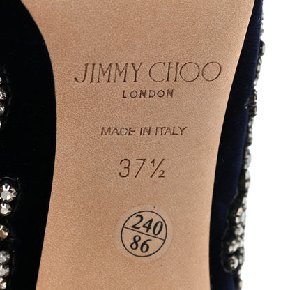 Jimmy Choo Velvet Crystal Peony Embellished Caroline High Heel Mules 37.5 Dark Blue 6 of 7