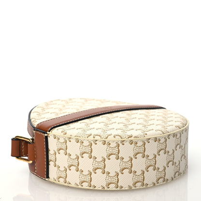 Celine Lambskin Triomphe Canvas Round Purse On Strap White Tan 4 of 11