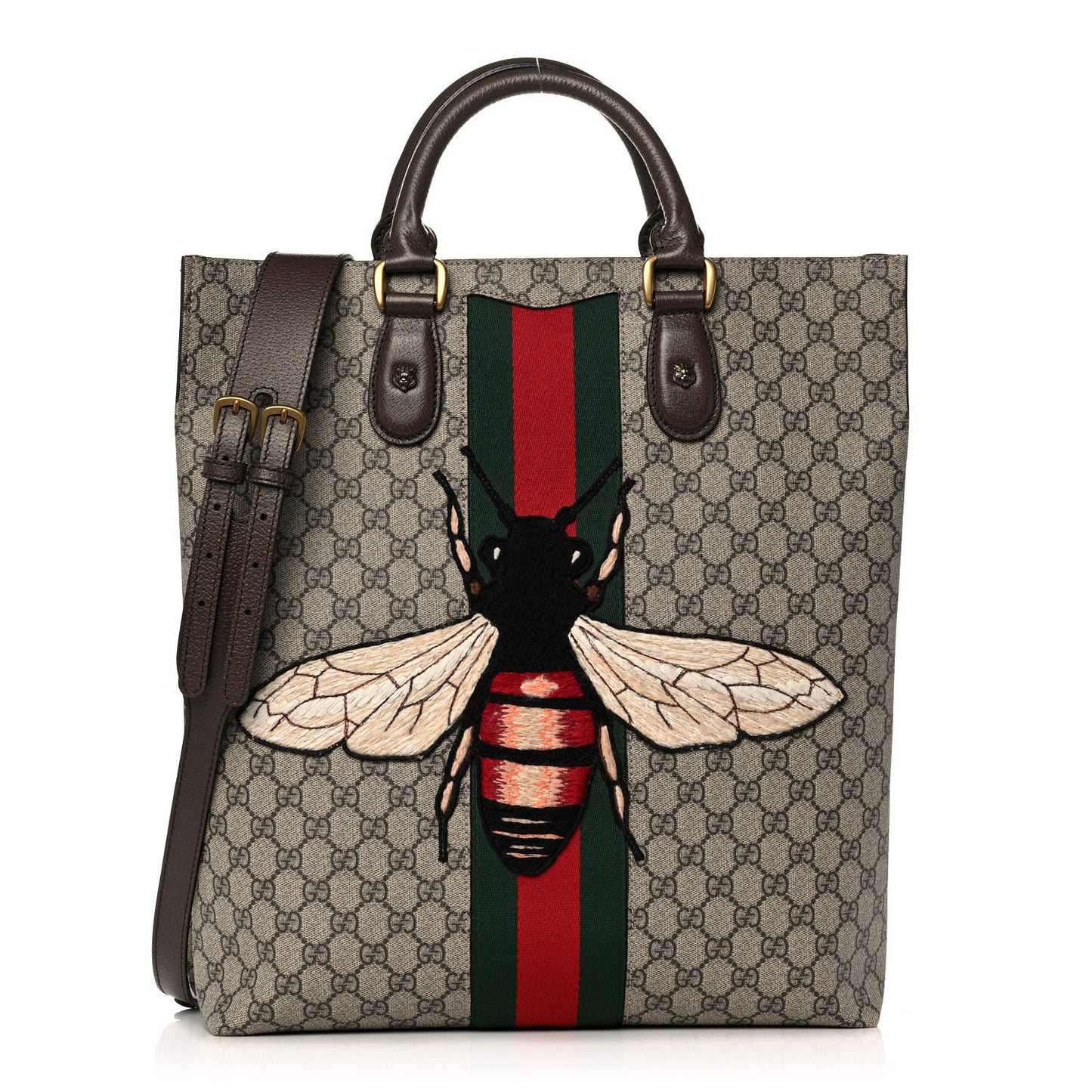 GG Supreme Monogram Web Animalier Bee Vertical Tote Brown