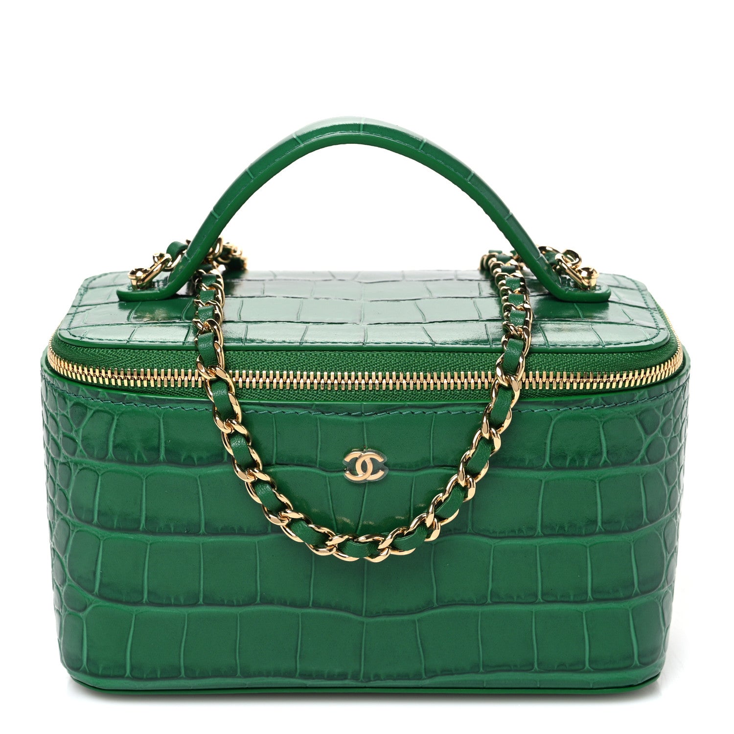 Chanel Calfskin Crocodile Embossed Exoticoco Small Top Handle Vanity Case With Chain Emerald 1 of 10