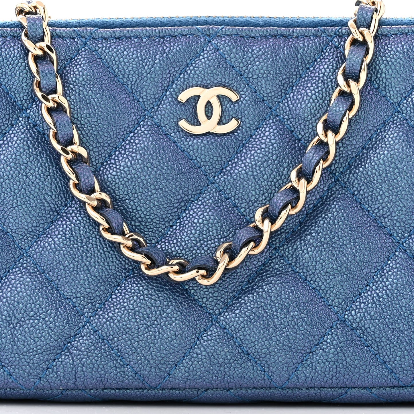 Iridescent Caviar Quilted Clutch With Chain Dark Blue