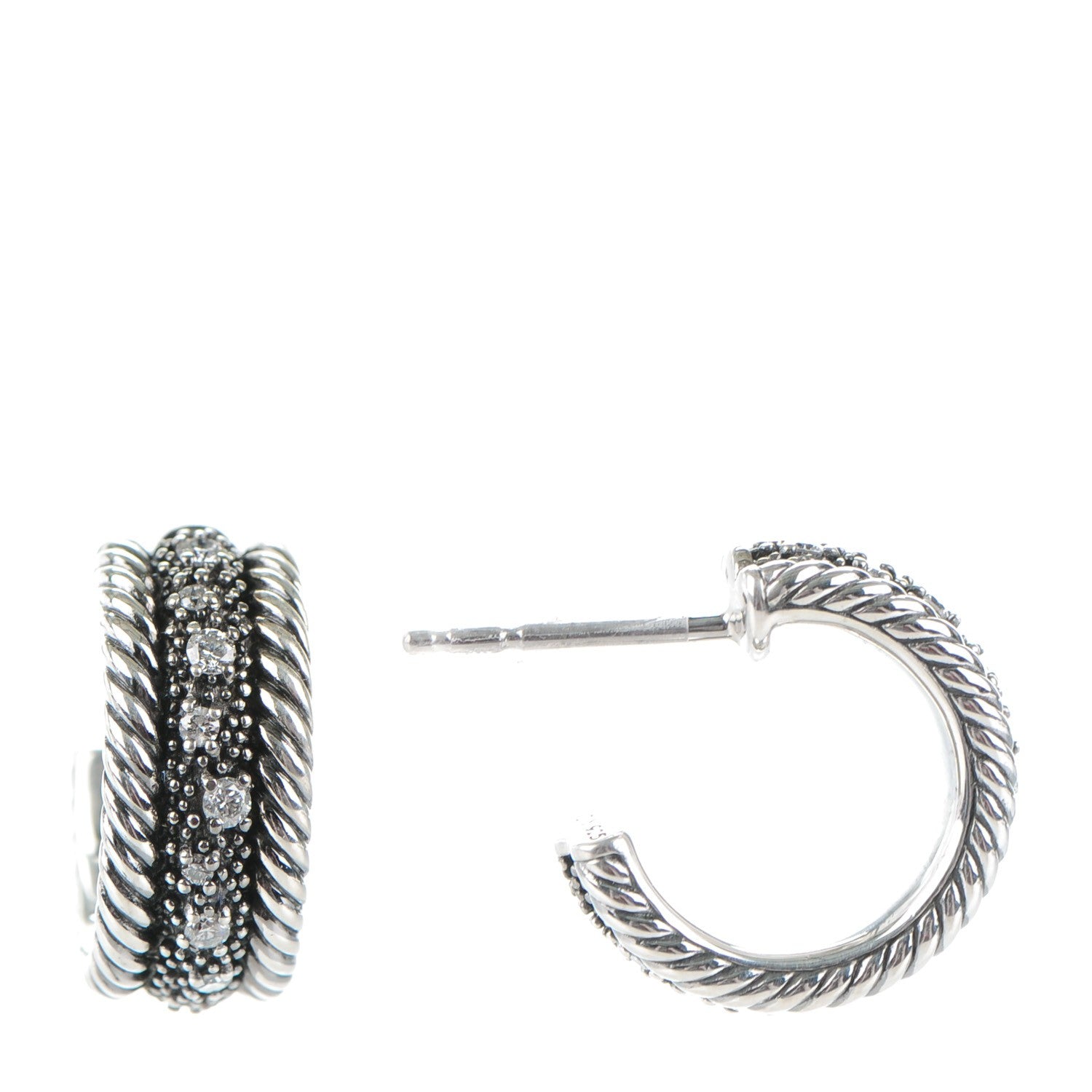 David Yurman Sterling Silver Diamond 16mm Small Midnight Melange Hoop Earrings 1 of 5
