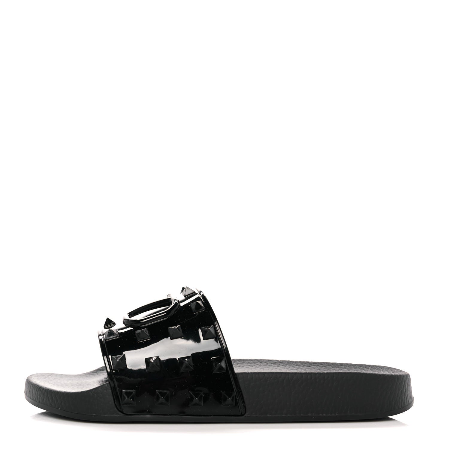 Valentino Garavani Patent Rubber Mens Rockstud VLogo Slide Sandals 40 Black 1 of 7