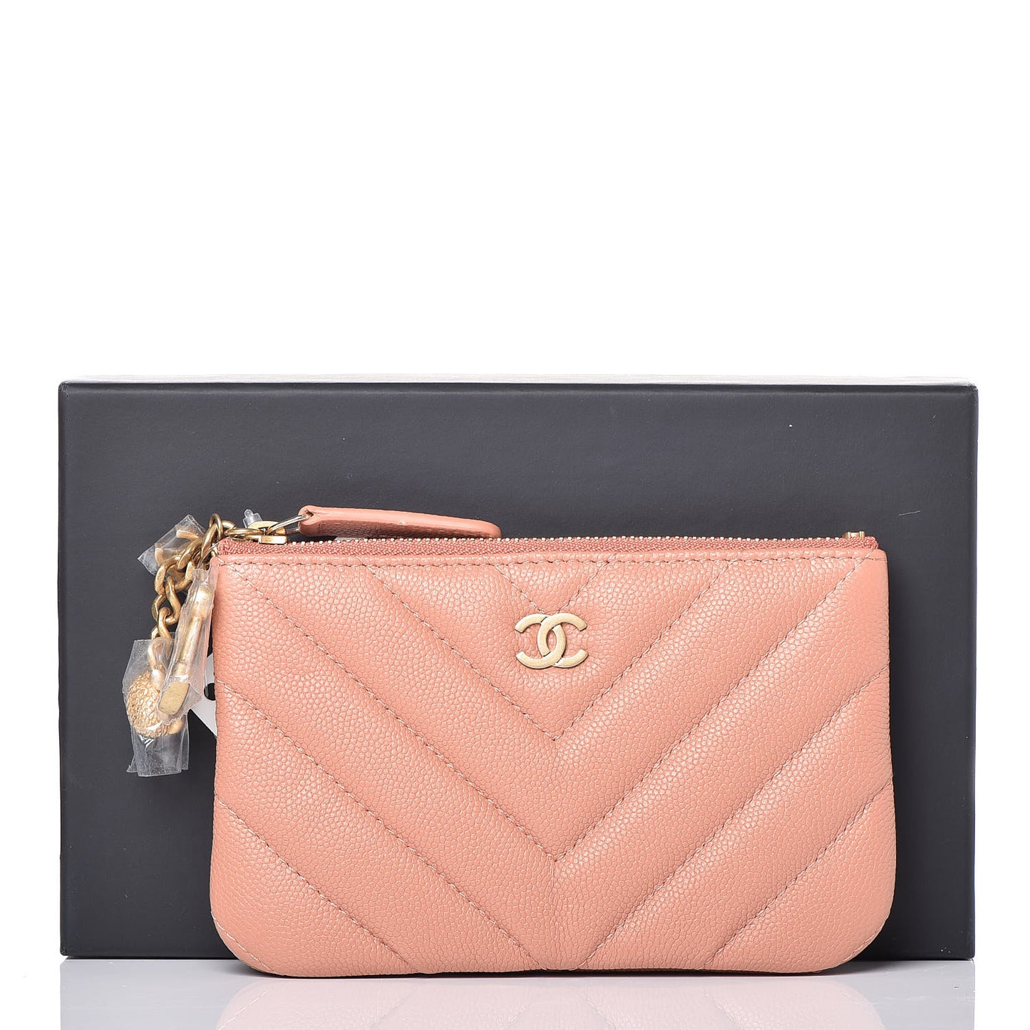 Caviar Chevron Quilted Small Ancient Greek Charms Cosmetic Case Dark Beige