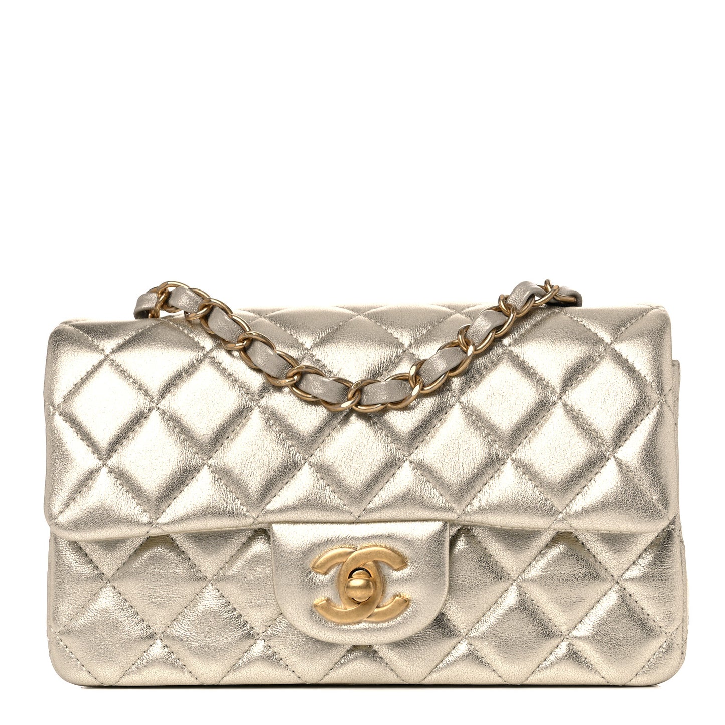 Metallic Lambskin Quilted Mini Rectangular Flap Gold