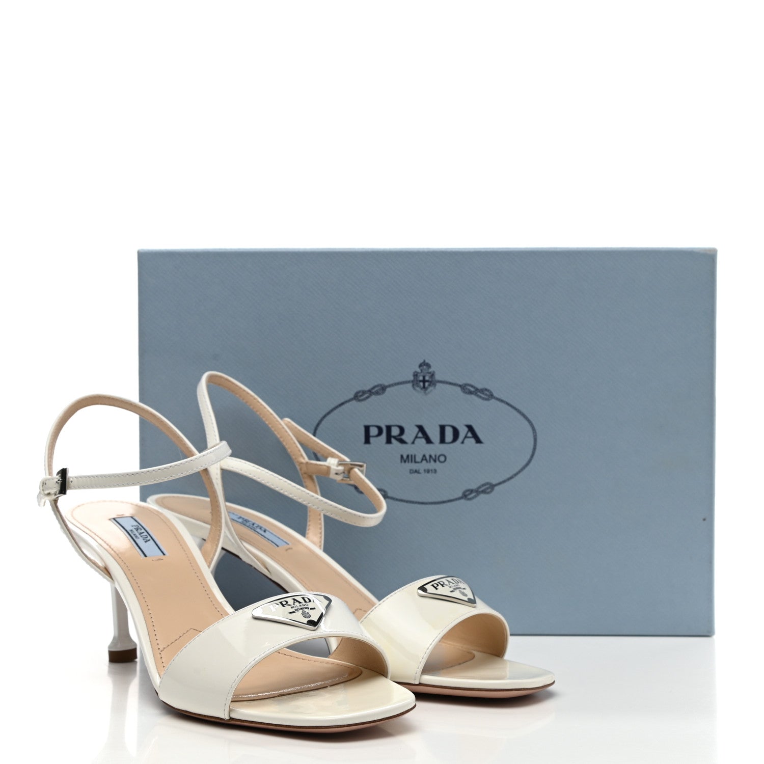 Prada Vernice Metal Triangle Logo Open Toe 65mm Sandals 39.5 Bianco 9 of 9