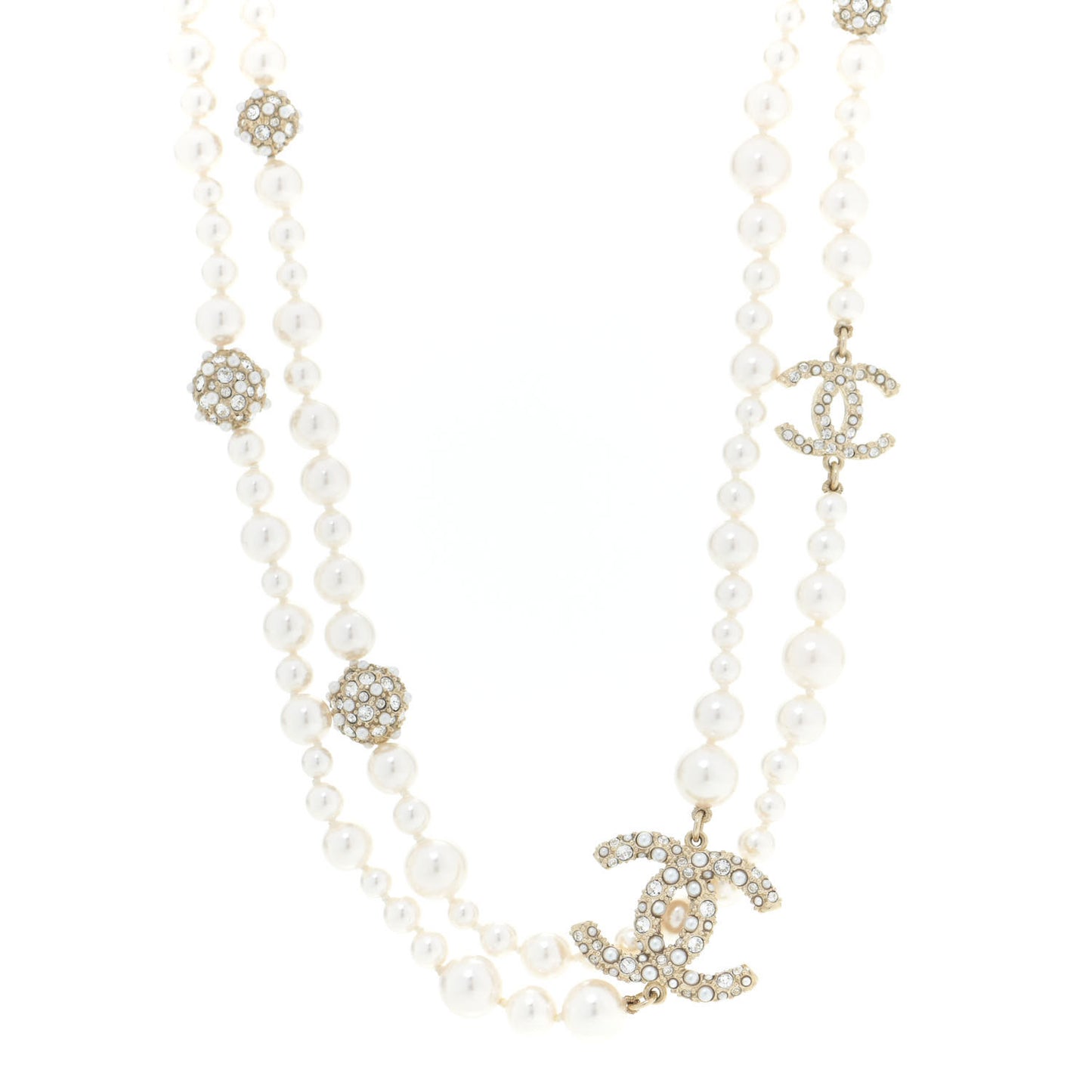 Pearl Crystal Long CC Necklace Gold