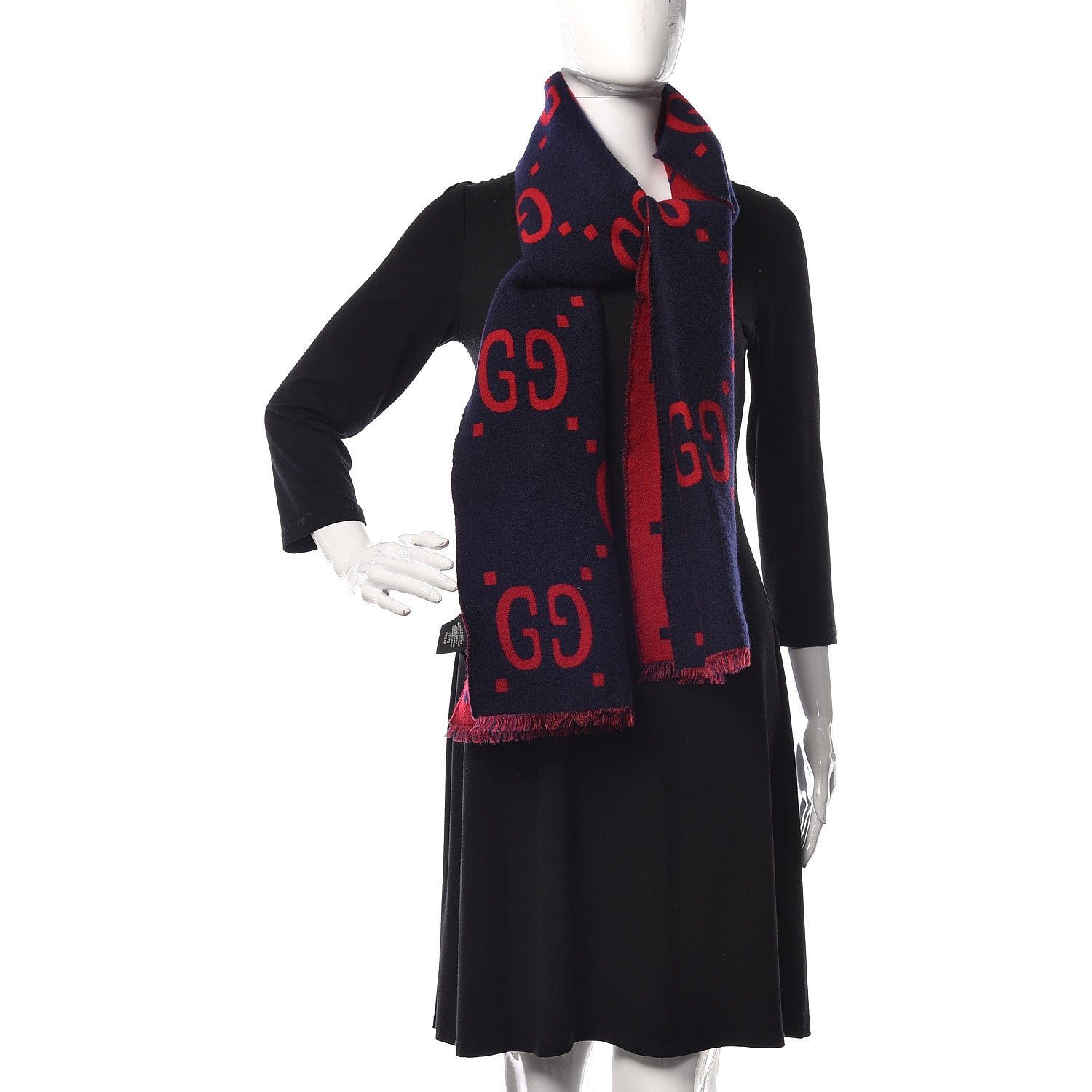 Gucci Wool Silk Monogram Jumbo GG Freedom Scarf Midnight Blue Red 2 of 5