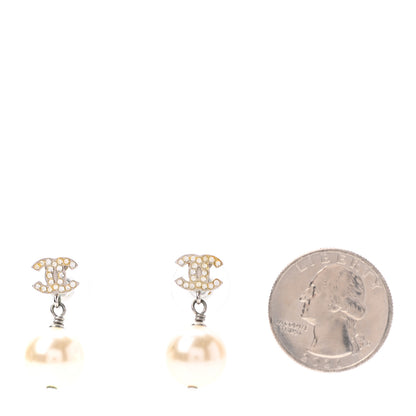 Chanel Crystal Pearl CC Drop Earrings Silver 2 of 4